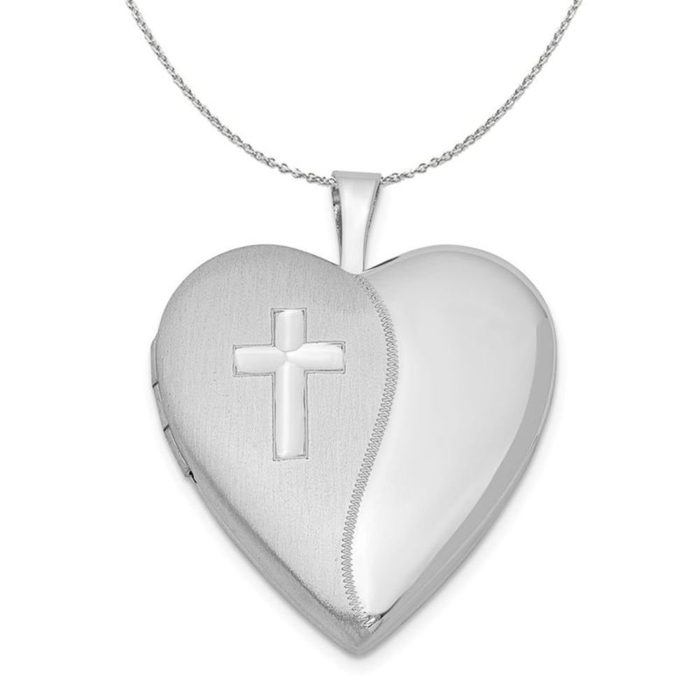 Silver 20mm Polished and Satin Heart w/ Cross Locket Necklace - 16 In